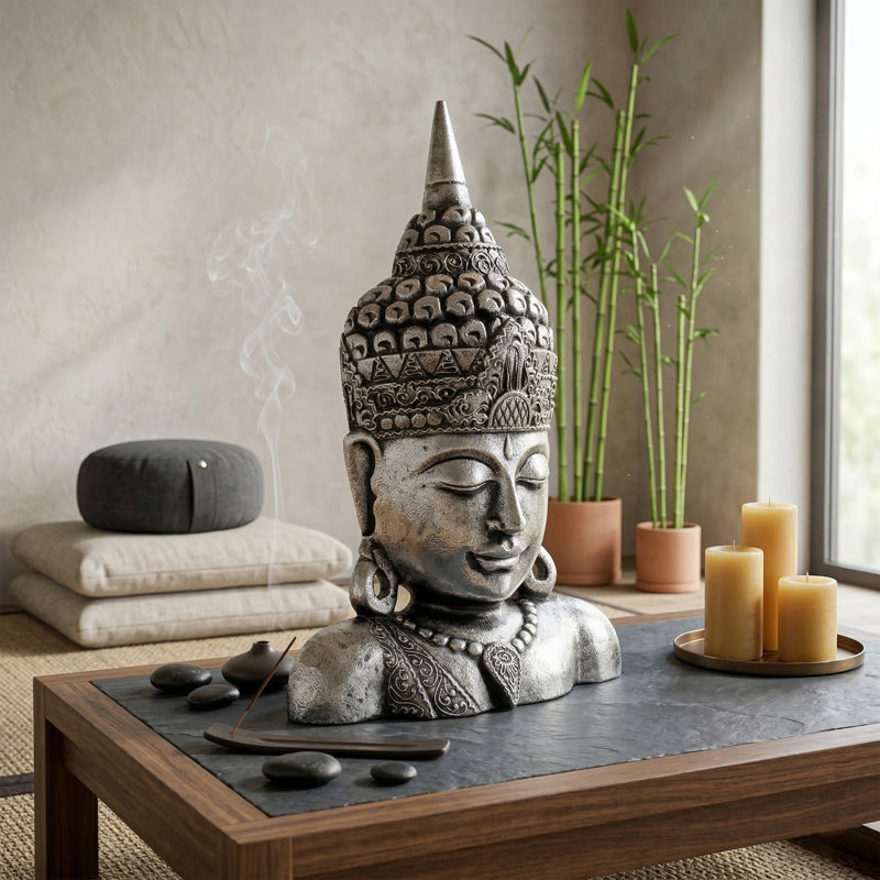 Buste de Bouddha argenté 19 po - Sculpture décorative finie à la main, décoration spirituelle zen, Argent argent