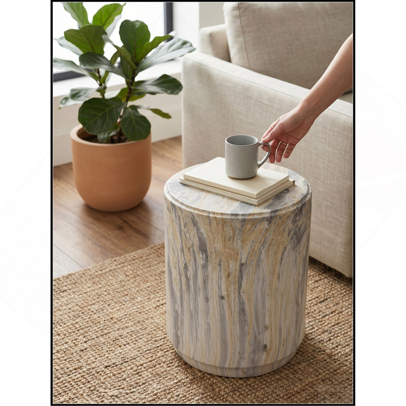 D14,5 x 18,5 po, tabouret moderne gris et beige en faux marbre, table d'appoint sculpturale cylindrique, piédestal d'aspect pierre