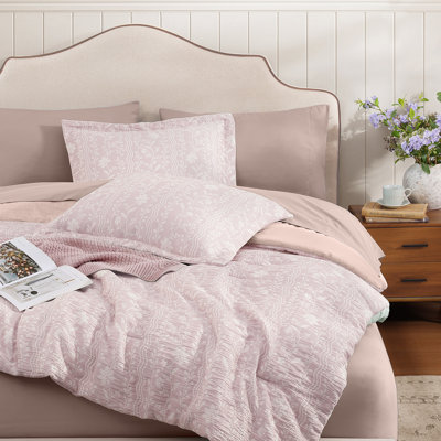 Comforter Set - 7 Pieces Pink Floral Bedding Sets for All Seasons, Farmhouse Bed in a Bag Queen with Wildflowers Fluffy Comforter, Sheets, Pillowcases & Shams