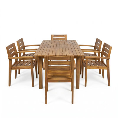 Ensemble de salle à manger d'extérieur en bois d'acacia 7 pièces avec table extensible et 6 chaises, teck