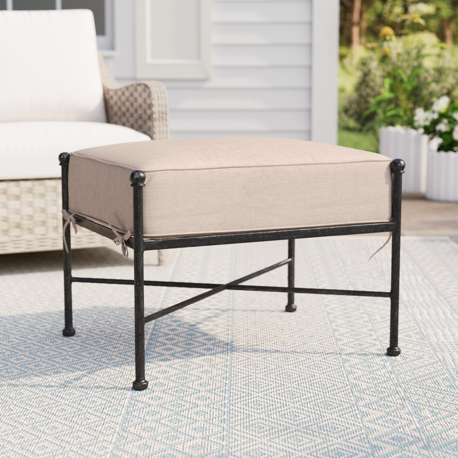 Lucier Upholstered Outdoor Ottoman with Cushion, Canvas Flax
