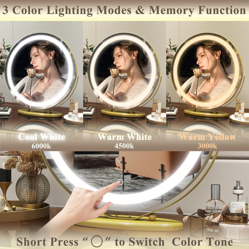 Jimya Stepless Dimmable Round LED Desktop Mirror with 360° Swivel, Gold