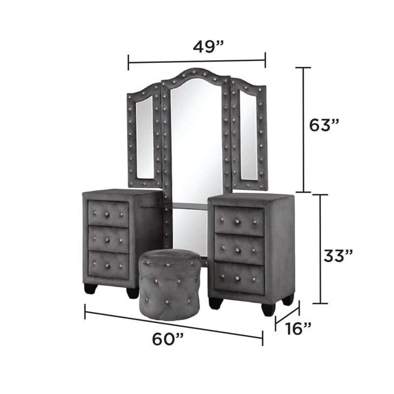 Ensemble de meuble-lavabo capitonné en cristal de style moderne avec 6 tiroirs et tabouret, fini en velours et bois, Gris
