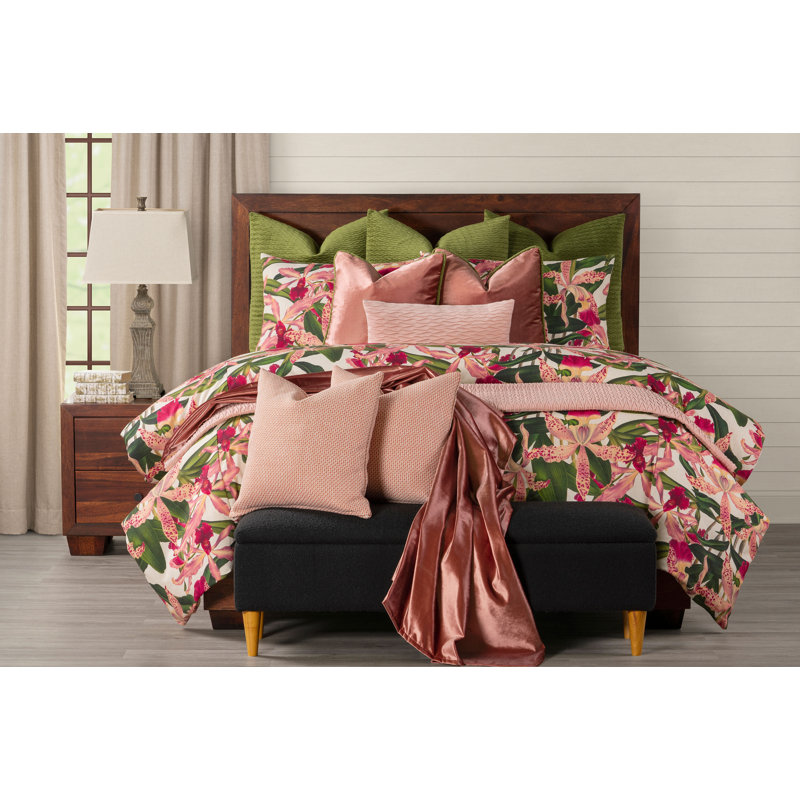 Pink Orchid Print Duvet Cover Set, Queen Duvet Cover + 2 Queen Shams