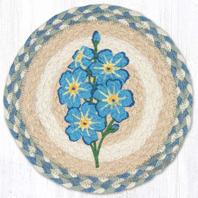  Forget Me Not Round Trivet – 10" Blue Floral Print on Natural Braided Jute Mat