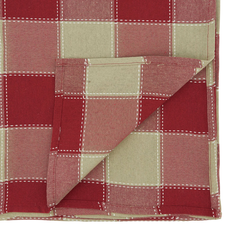 Red and Beige Stitched Plaid Cotton-Polyester Tablecloth