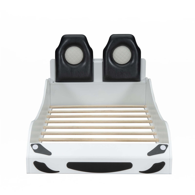 Race Car-Shaped Platform Bed With LED And Upholstered Backrest, White