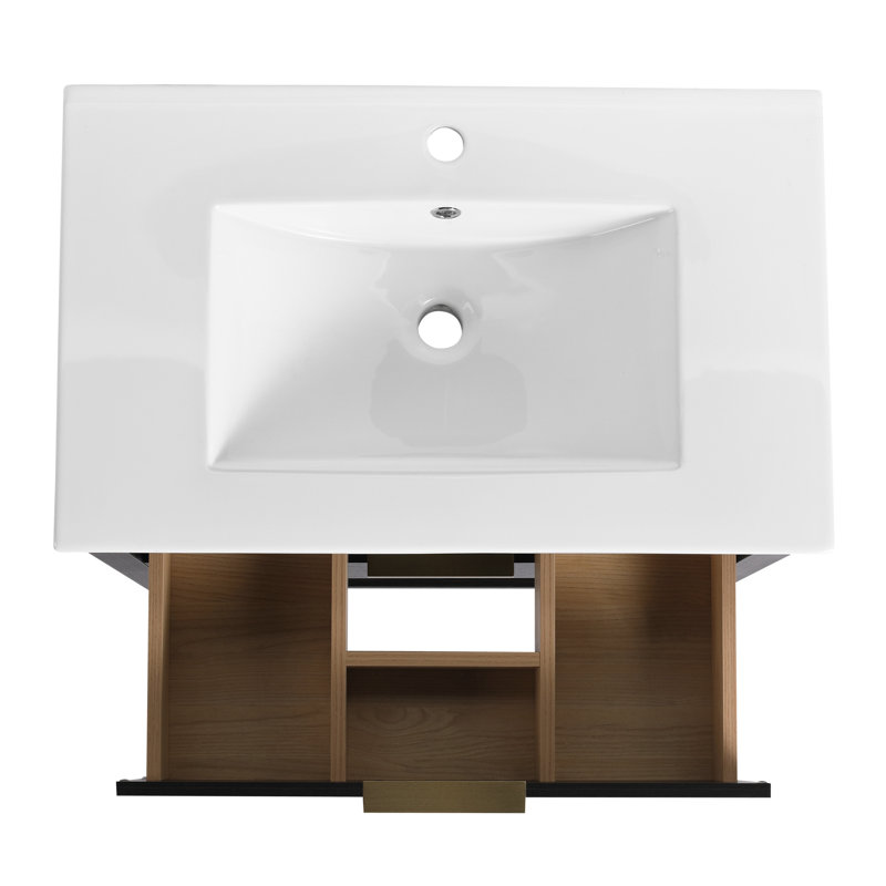 Meuble-lavabo avec poignée dorée. 30 po, châtaignier noir, 2 tiroirs. Évier de meuble-lavabo en céramique fabriqué en céramique 30 po. Tiroirs, matériau