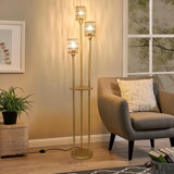 Boho Rattan Floor Lamp With Shelves, 3-Light Farmhouse Standing Lamp For Living Room