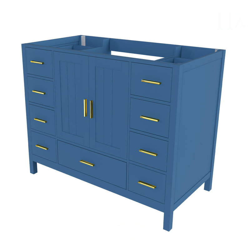 Base de meuble-lavabo bleu 42 po, 2 portes doubles à fermeture douce et 9 tiroirs lisses avec glissières