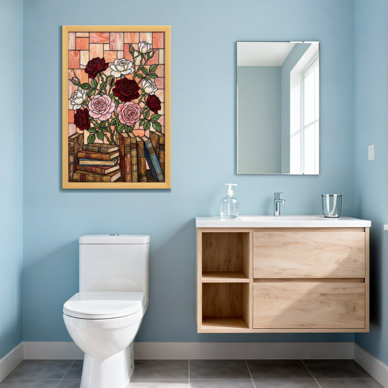 Plantes et fleurs Motif de roses et de livres en verre coloré, H 12 po x l 18 po, Grain de bois clair