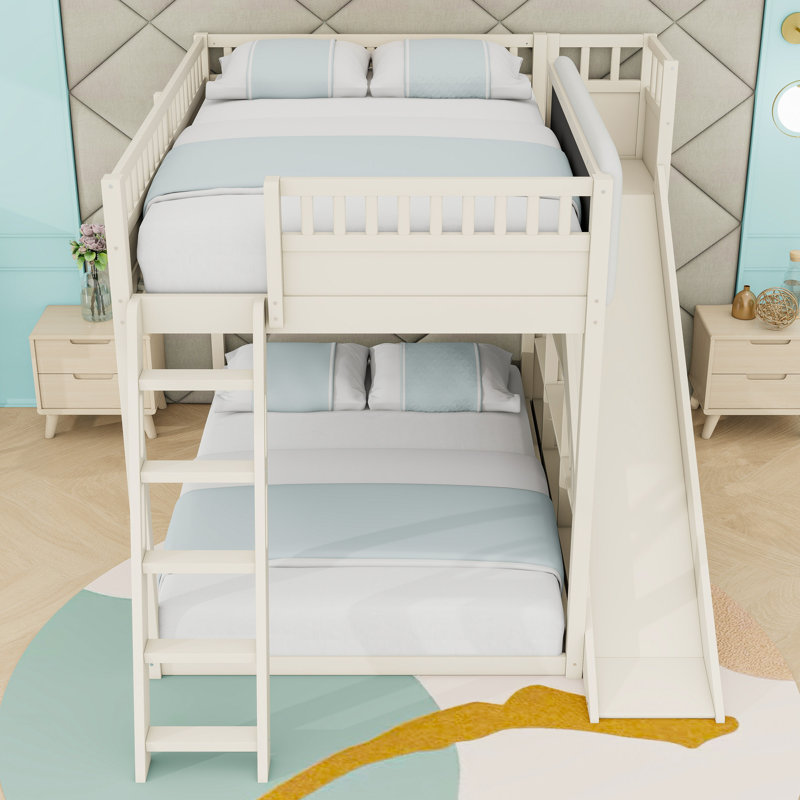 Lit mezzanine avec glissoire, échelle et tablettes de rangement, Lit double, Beige