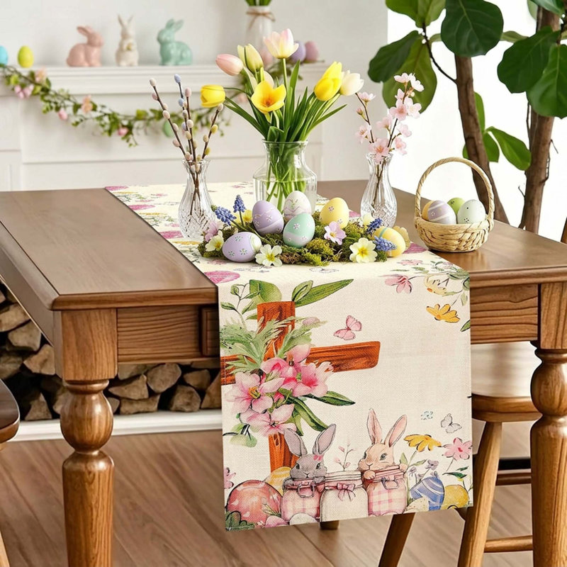 Chemin de table de Pâques, croix de lapin, fleur, il est ressuscité, décoration chrétienne, décoration de table pour la salle à manger