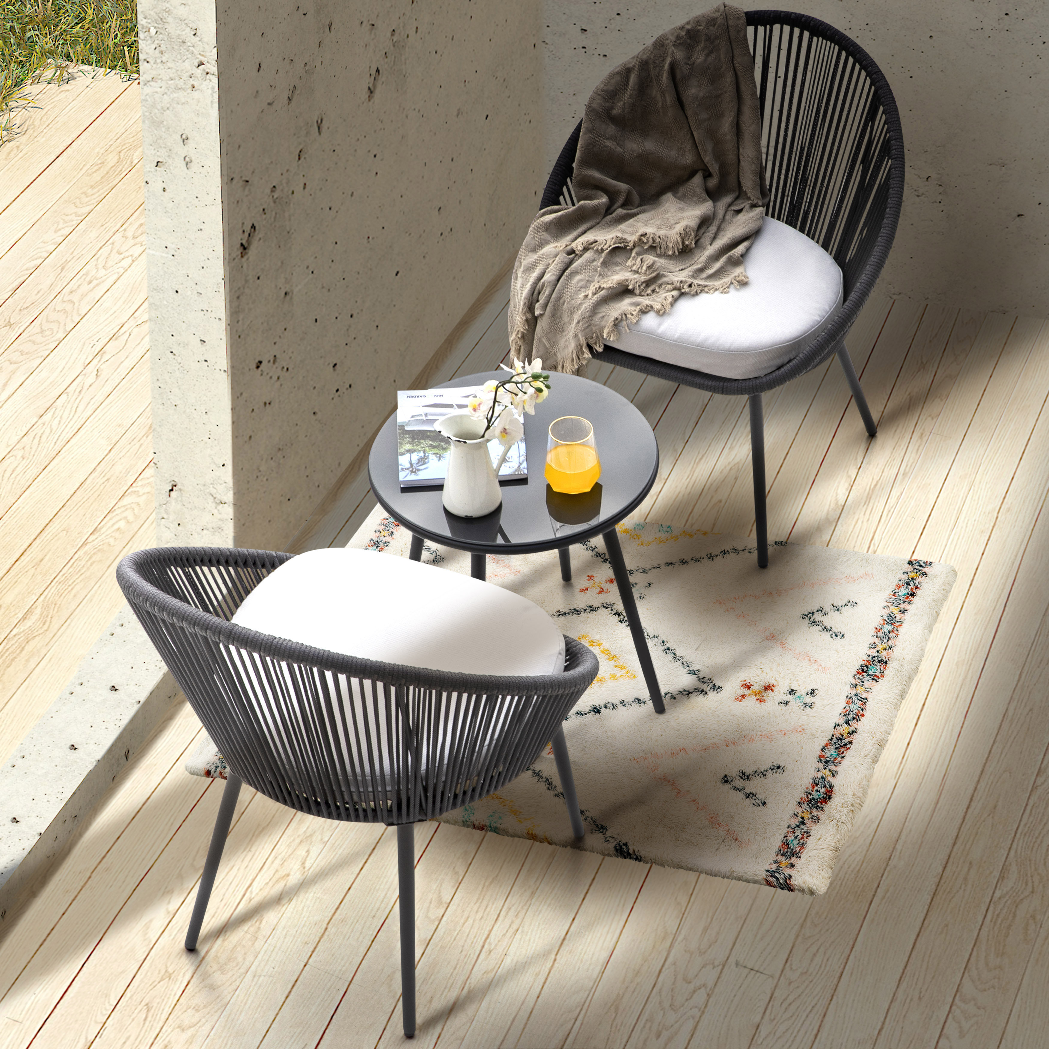 Kulp 3-Piece Patio Bistro Set, Outdoor Conversation Chair Set Balcony with Tempered Glass Coffee Table and Cushions, Water-Resistant Woven Rope for Poolside - Dark Gray