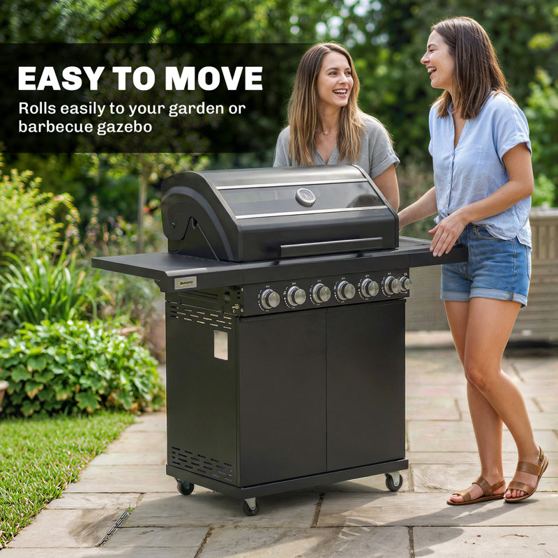 Outsunny 6+1 Burner Gas BBQ Grill 20.5 kW Outdoor Barbecue Trolley, Black