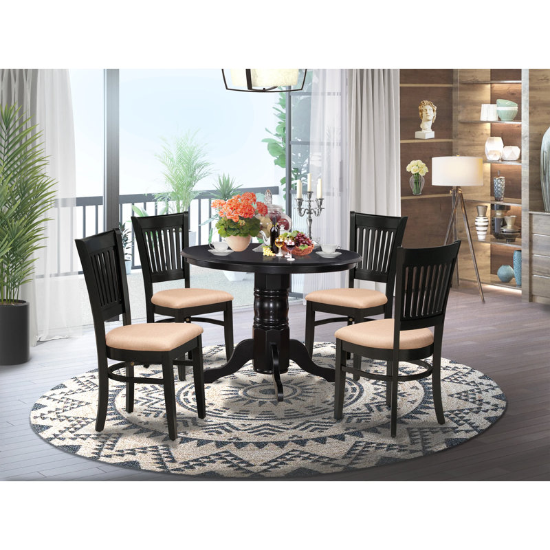 5 Piece Modern Dining Table Set Includes a Round Kitchen Table with Pedestal and 4 Linen Fabric Dining Chairs, Black, Black