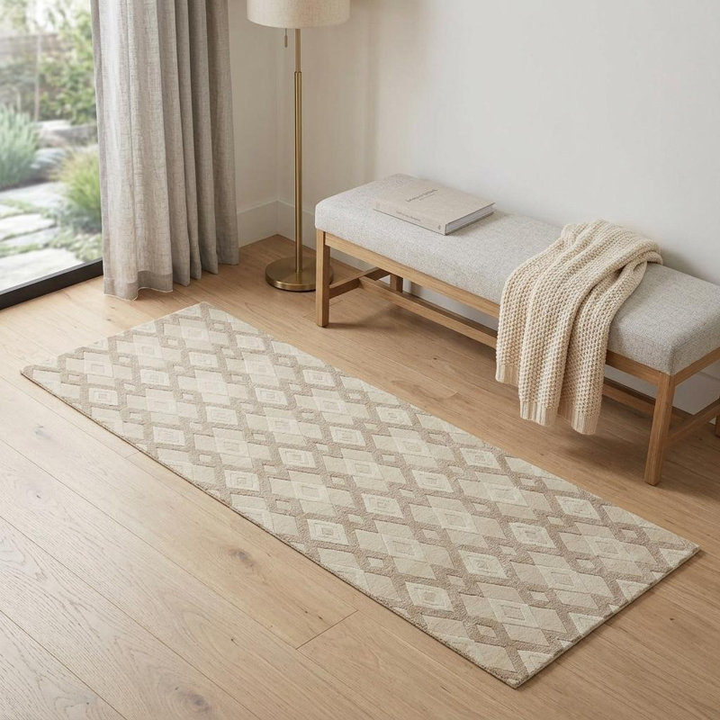 7' Ivory And Brown Wool Geometric Hand Tufted Runner Rug