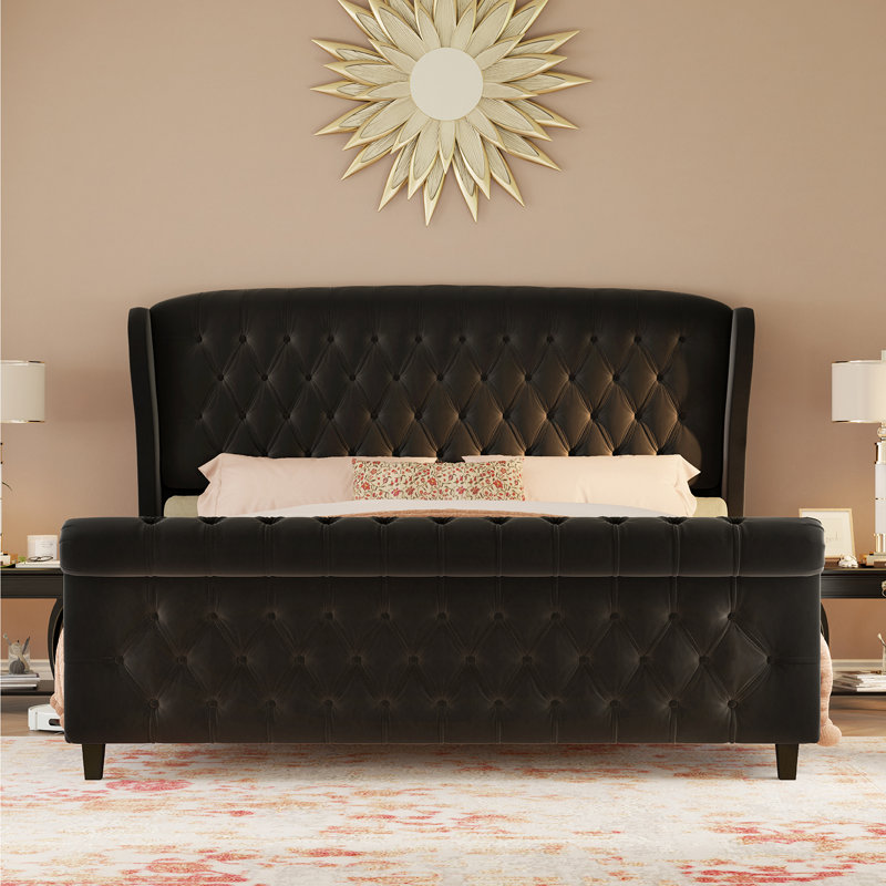 Queen Size Black Velvet Upholstered Tufted Sleigh Bed Frame