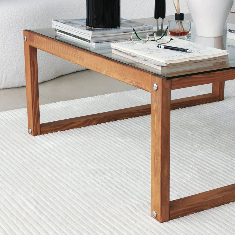 Modern Coffee Table, 35.4 x 15.7 x 35.4 inches | 100% Tempered Glass Top & 100% Pine Solid Wood Frame | Stylish Wooden Color Design | Perfect for Living Room & Novelty Spaces, Durable & Elegant