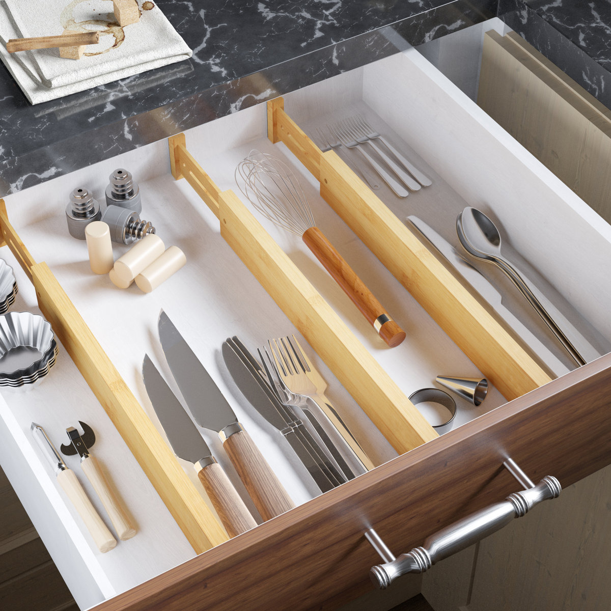 Bamboo Drawer Dividers with Labels, 6 Pack Adjustable Expandable Organizers for Kitchen, Home, Office, Dressers & Bathroom