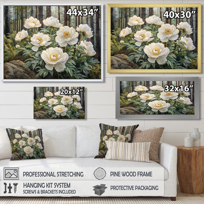 Gloriajean, pivoines estivales dans les pentes boisées III - pivoines, art mural, Reproduction encadrée d'une seule photo