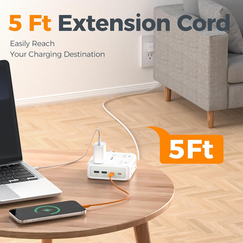 Multiprise plate avec cordon d'alimentation de 5 pieds, 6 prises de courant, 3 prises USB (1 USB-C), séparateur de prises à 3 côtés pour fournitures de bureau