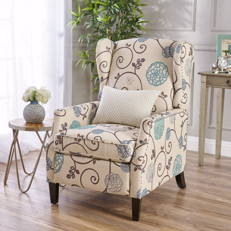 Fauteuil inclinable avec accoudoirs en tissu avec garniture cloutée et dossier en bois