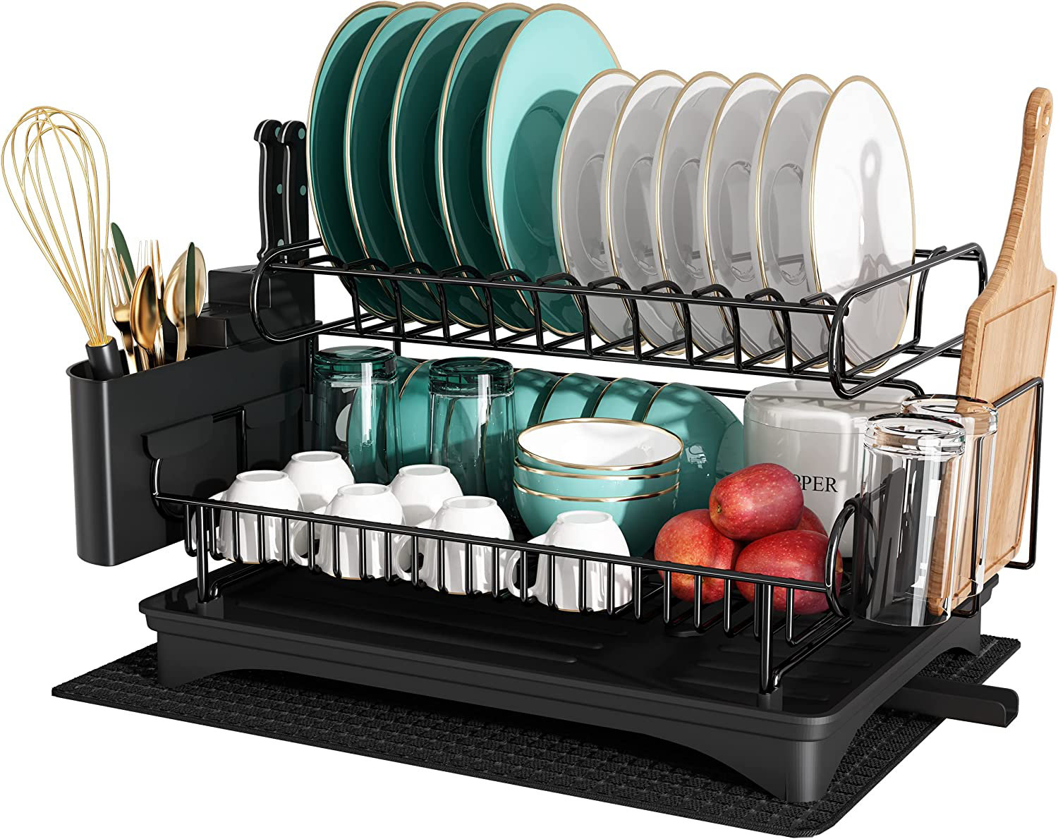 TOOLF Expandable , Adjustable Dish Rack, Foldable Dish Drying Rack with  Removable Cutlery Holder Swivel Drainage Spout, Anti-Rust Plate Rack for