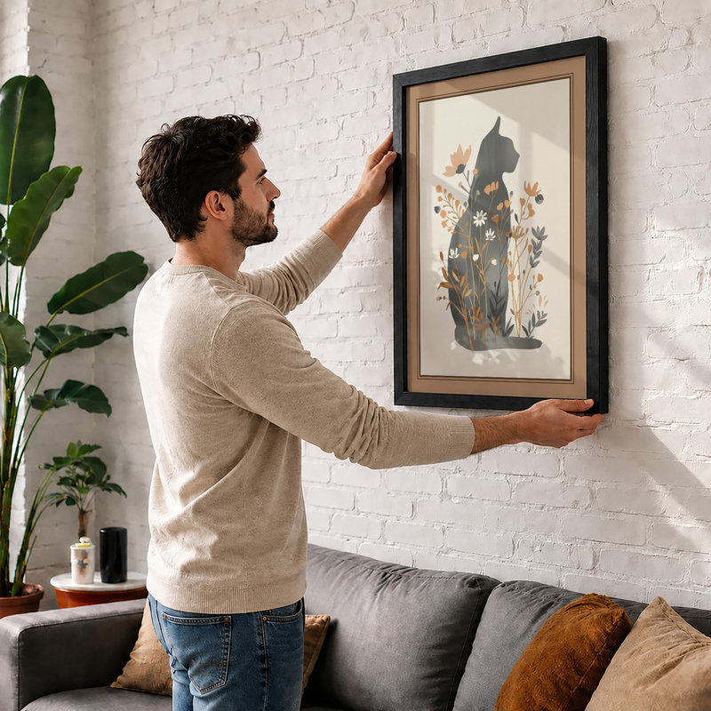 Cat in Bloom Boho - Framed Print, A3 - 42.0 x 29.7 cm, White