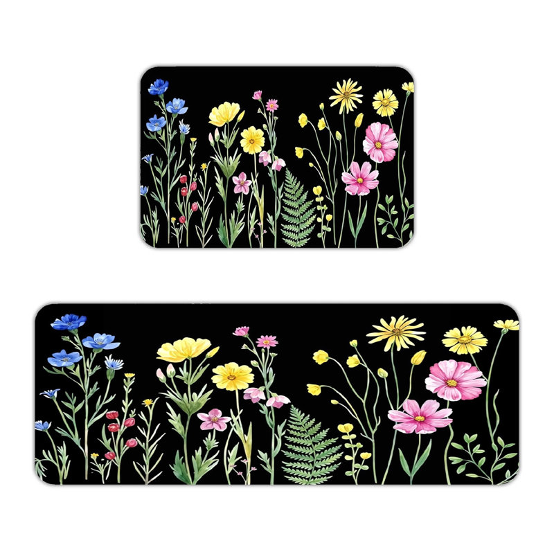 Black Background Watercolor Wildflower 2 PC Kitchen Floor Rugs, Farmhouse Kitchen