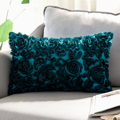 Romantic 3D Chiffon Rose Flower Pillowcase - Turquoise Valentines Day Decor - Sofa Bedroom Couch Decorative Pillow Cover - Solid Square