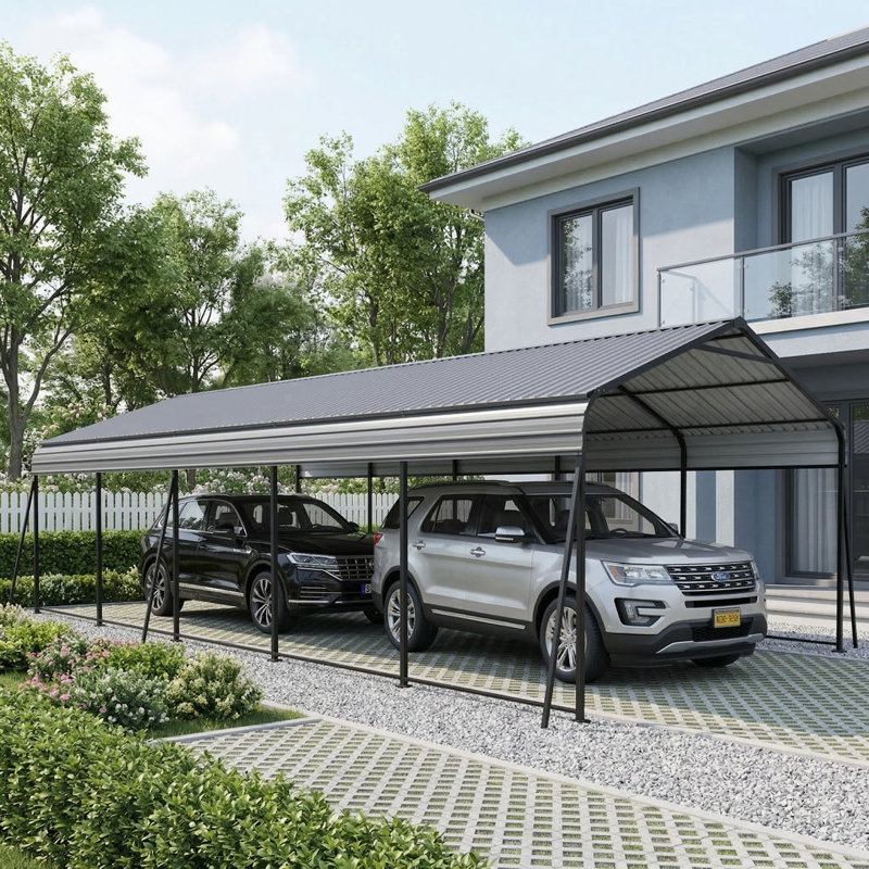 Metal Carport Sized 13 by 26.5 Feet, Heavy-Duty Construction with a Galvanized Steel Roof, Metal Garage Canopy Including Galvanized Steel Roof and Framework, Outdoor Storage Tent Suitable for Automobiles, Boats, and Trucks, Finished in Gray