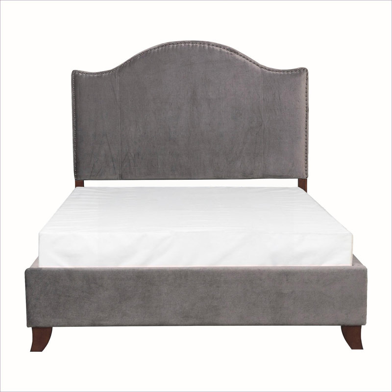 Lit double à panneau double, tête de lit tapissier en velours de ton bois gris avec garniture cloutée pour chambre à coucher