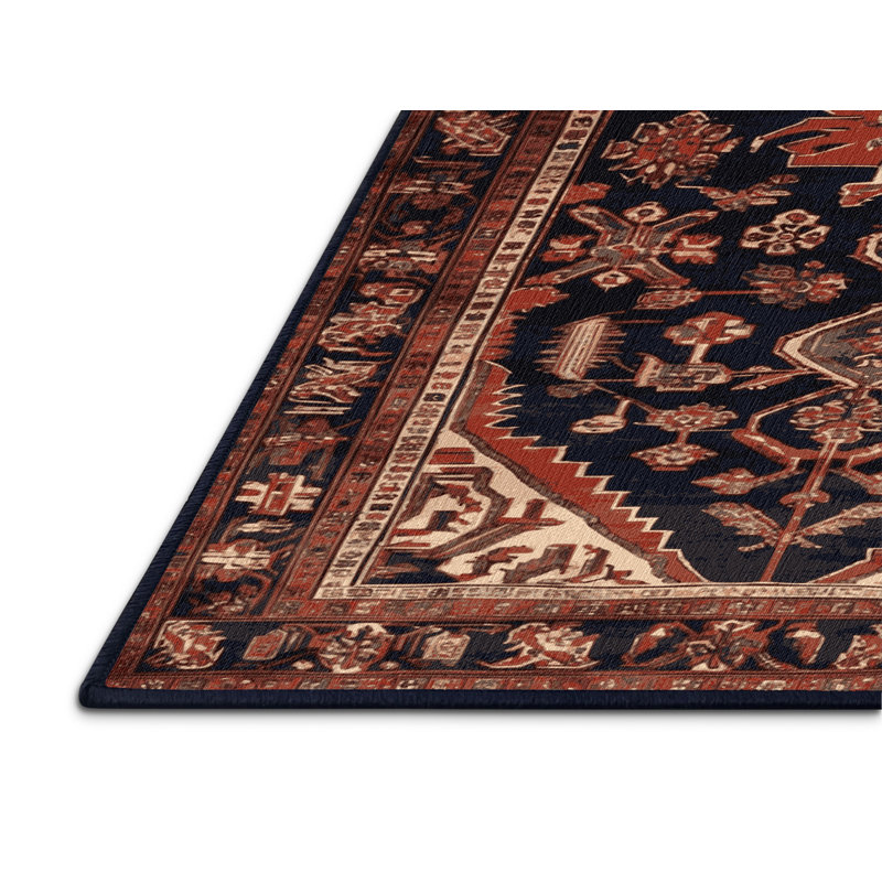 Tapis persan noir lavable à la machine, Rond 7 pi