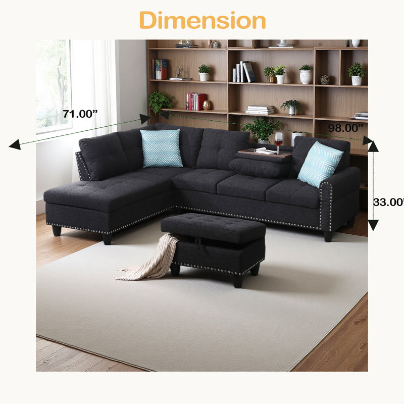 Rivet-Trimmed L-Shaped Sofa, Charcoal Gray Linen