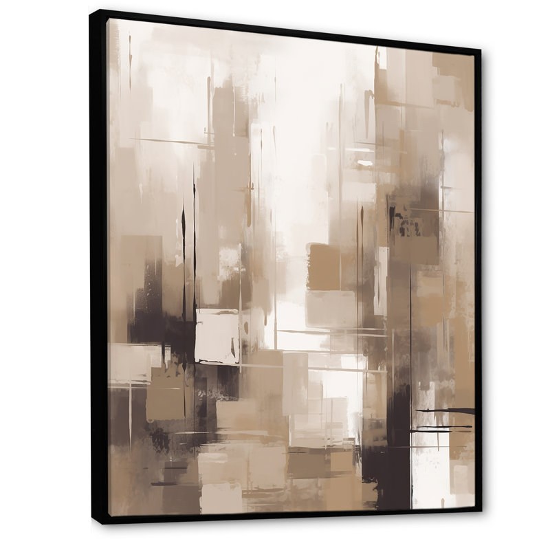 «Cubism Beige Synergy», reproduction sur toile abstraite, Cadre flottant noir, H 40 po x l 30 po x P 1,5 po