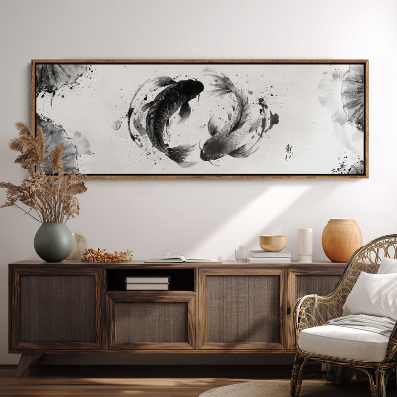 Très grand poisson noir et blanc Koi Yin Yang, reproduction d'art, 20" H x 60" W, Natural