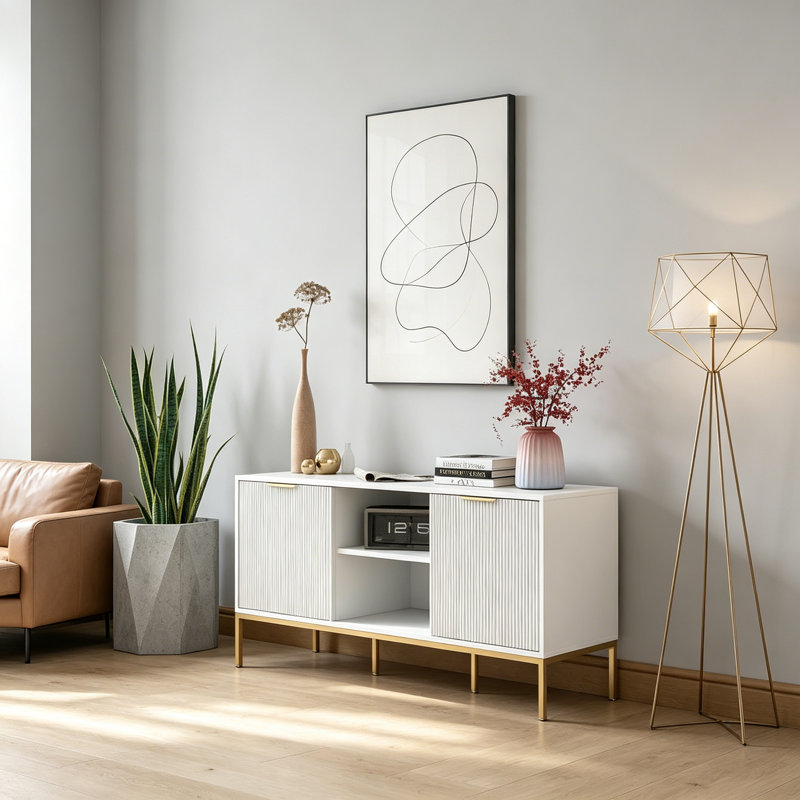 TV Stand With Wave-Design Doors, Open Shelf And Adjustable Shelf, Stylish And Functional For Your Living Room
