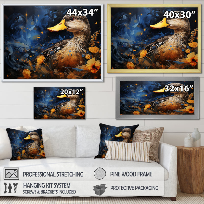 Canard bleu baroque élégance II - Canard, art mural, H 30 po x l 40 po x P 1,5 po, Cadre d'angle fermé noir