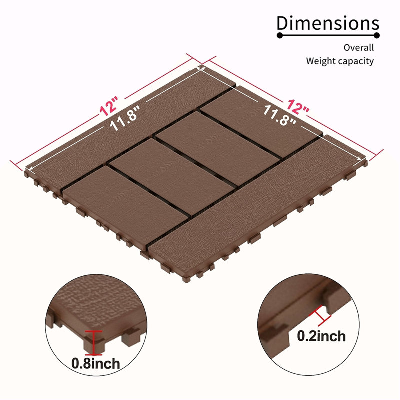 H Style 12" Patio Deck Tiles, DIY Module Interlocking Decking Tiles Floor Tile,Easy And Quick Installation Court Tiles For Porch Poolside Balcony Backyard 44Pcs