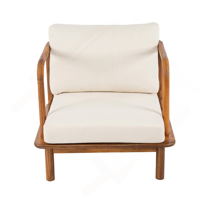 Fauteuil club en acacia avec coussin crème, 1