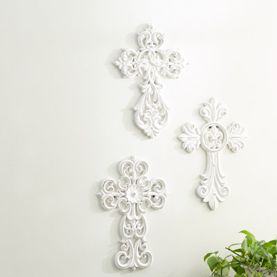 Wooden Carved Cross  White Wall Decor Set