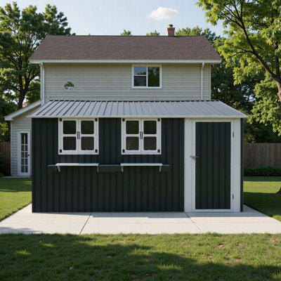 12x10 FT Outdoor Metal Storage Shed with 3 Clear Windows & Decorative Flower Rack, Lockable Single Door Tool Shed, Heavy Duty Waterproof Weatherproof Garden Shed