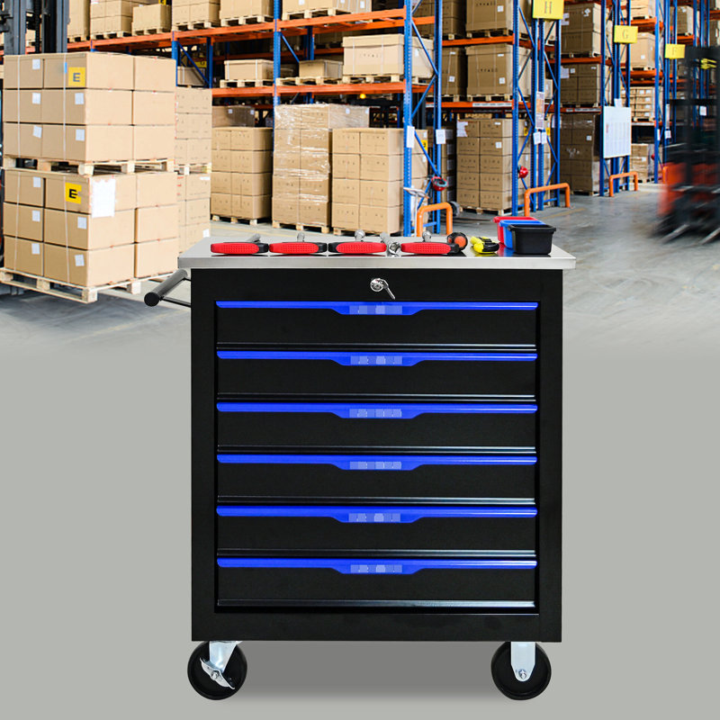 Chariot à outils noir et bleu à 6 tiroirs avec roues, thermolaqué, comptoirs verrouillables en acier lisse, roulettes amovibles à boîtier mobile - bleu, construction, tiroirs verrouillables, 2 freins