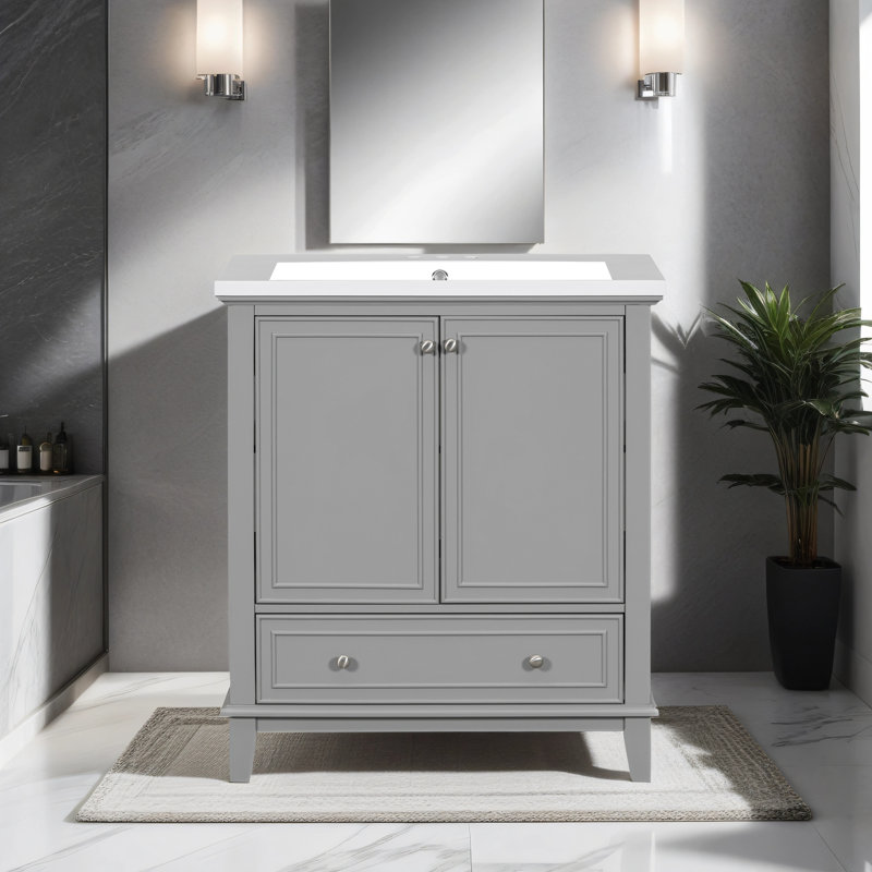 Meuble-lavabo simple 30,03 po avec plateau en céramique Novah, Gris