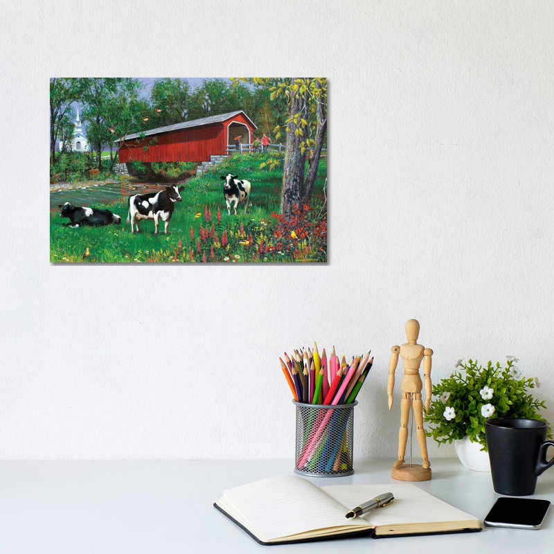 Summer Day Covered Bridge by J. Charles - Wrapped Canvas Painting, 20.32 cm H x 30.48 cm W