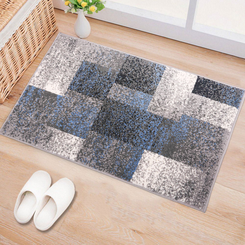 Tapis bleu / ivoire / gris à motif géométrique Damarus, Rectangle 2 pi x 3 pi