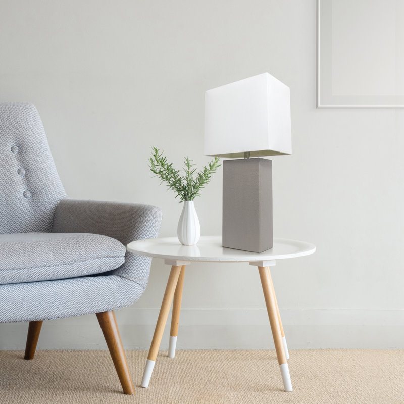 Lampe de table en cuir 21 po avec abat-jour rectangulaire en lin blanc, Gris, Non, Transparent
