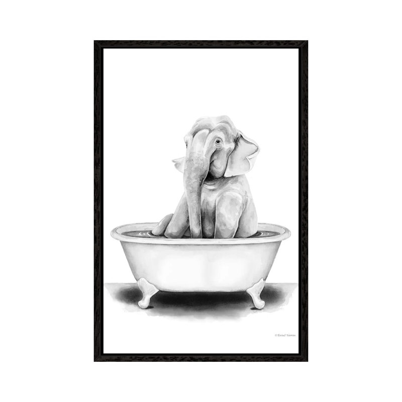 Elephant In Tub by Rachel Nieman - Painting on Canvas, 66.04 cm H x 45.72 cm W, Black Framed