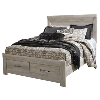 Simon Queen Platform Bed, 2 Drawer Footboard, Weathered Whitewash Wood